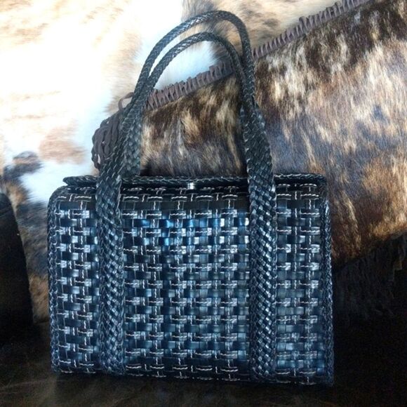 Vintage 90s Black Woven Leather Handbag - Picture 1 of 17